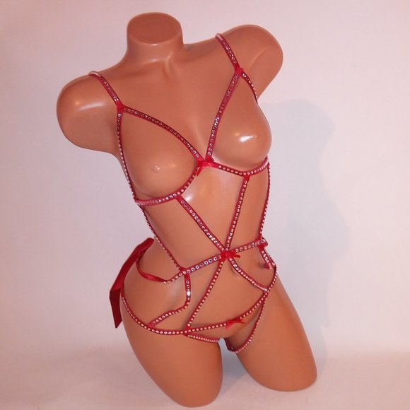Victoria Secret Lingerie Teddy One Piece XL Red Silver Bling Studded Strappy Ver
